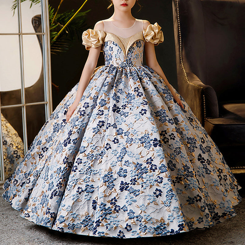 Blue Satin Floral Ball Gown Dress for Girls 3-10 Years - Special Occasion & Party Wear