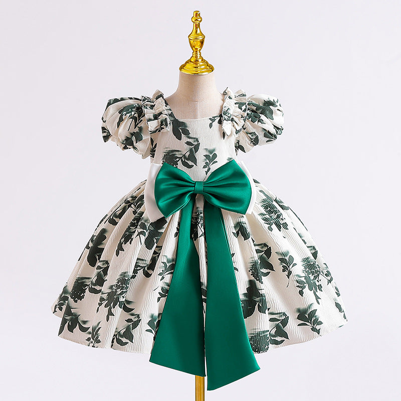 Floral Print Princess Dress with Large Bow for Toddler Girls | Green / 18-24 Months (90cm)