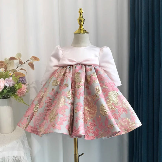 Pink Floral Print Satin Ball Gown for Girls – Long Sleeve Dress for Special Occasions