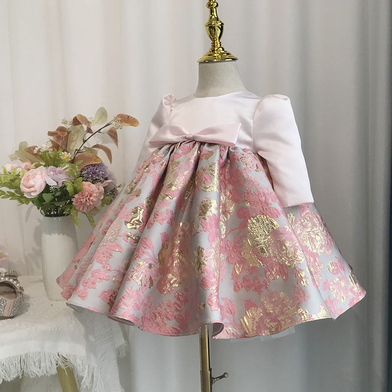 Pink Floral Print Satin Ball Gown for Girls – Long Sleeve Dress for Special Occasions