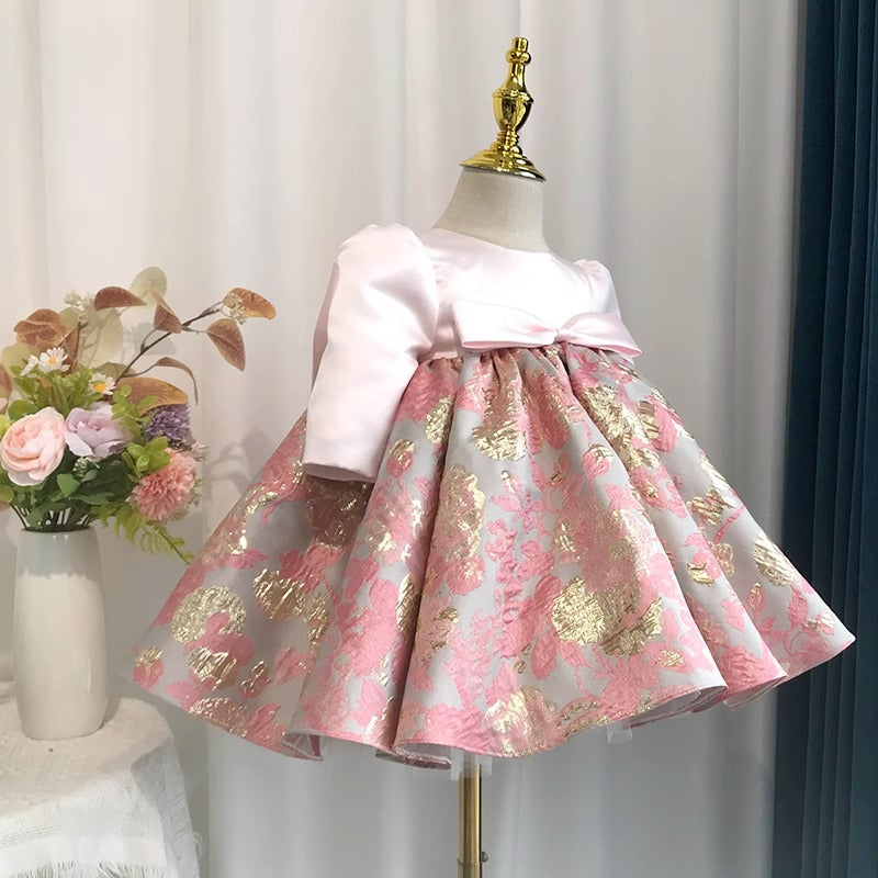Pink Floral Print Satin Ball Gown for Girls – Long Sleeve Dress for Special Occasions