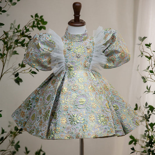 Green Floral Satin Princess Dress – Toddler & Little Girl Special Occasion Gown