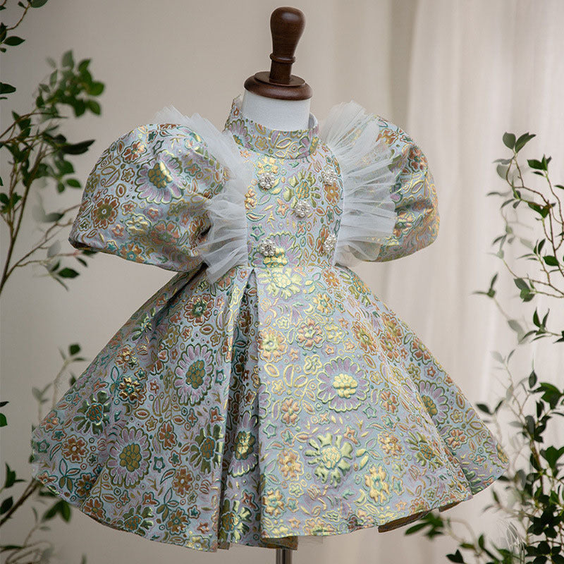 Green Floral Satin Princess Dress – Toddler & Little Girl Special Occasion Gown