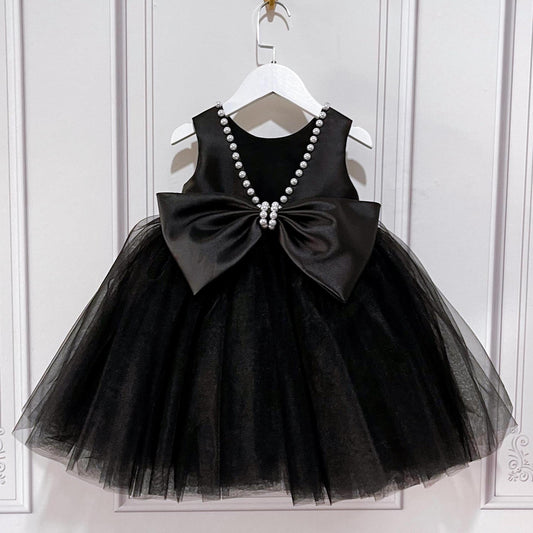 A-Line Beaded Bow Sleeveless Girls Party Dress – Black, Satin & Tulle | 12 Months-12 Years