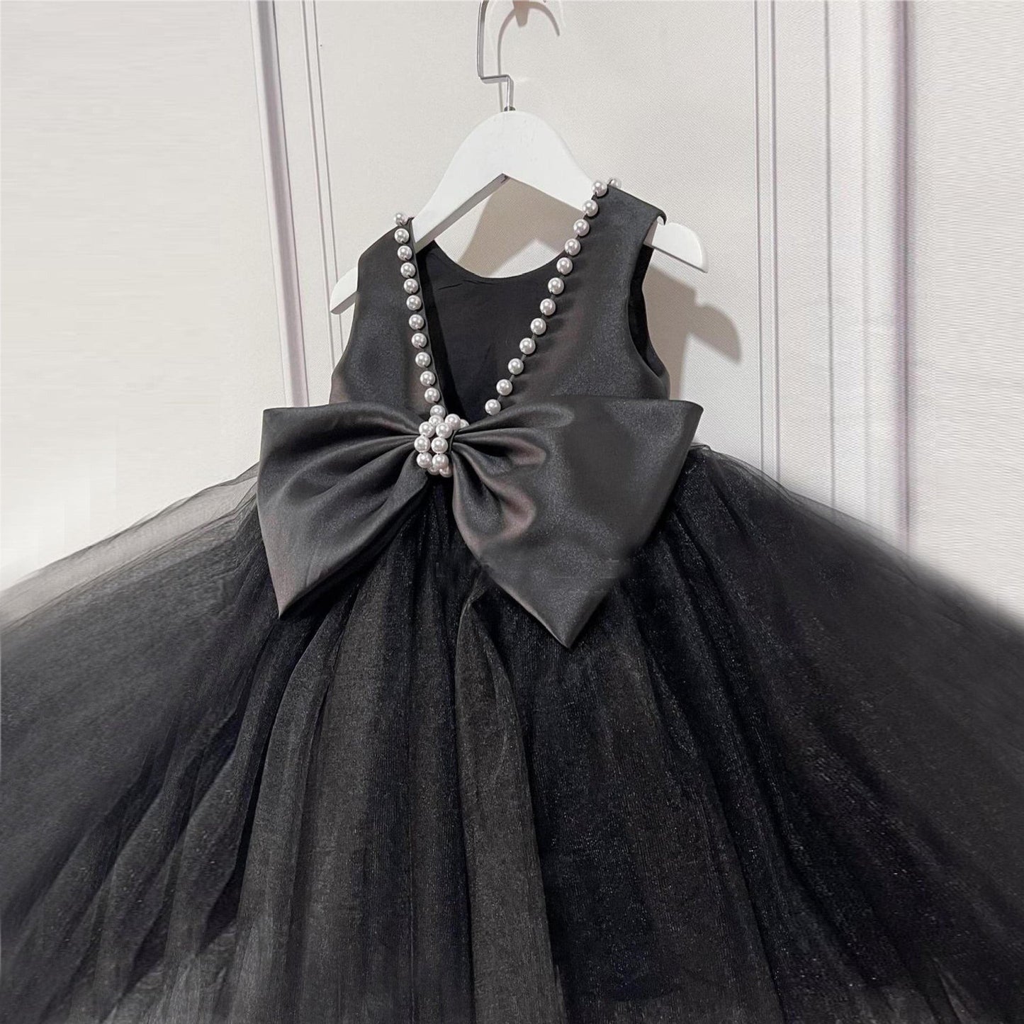 A-Line Beaded Bow Sleeveless Girls Party Dress – Black, Satin & Tulle | 12 Months-12 Years