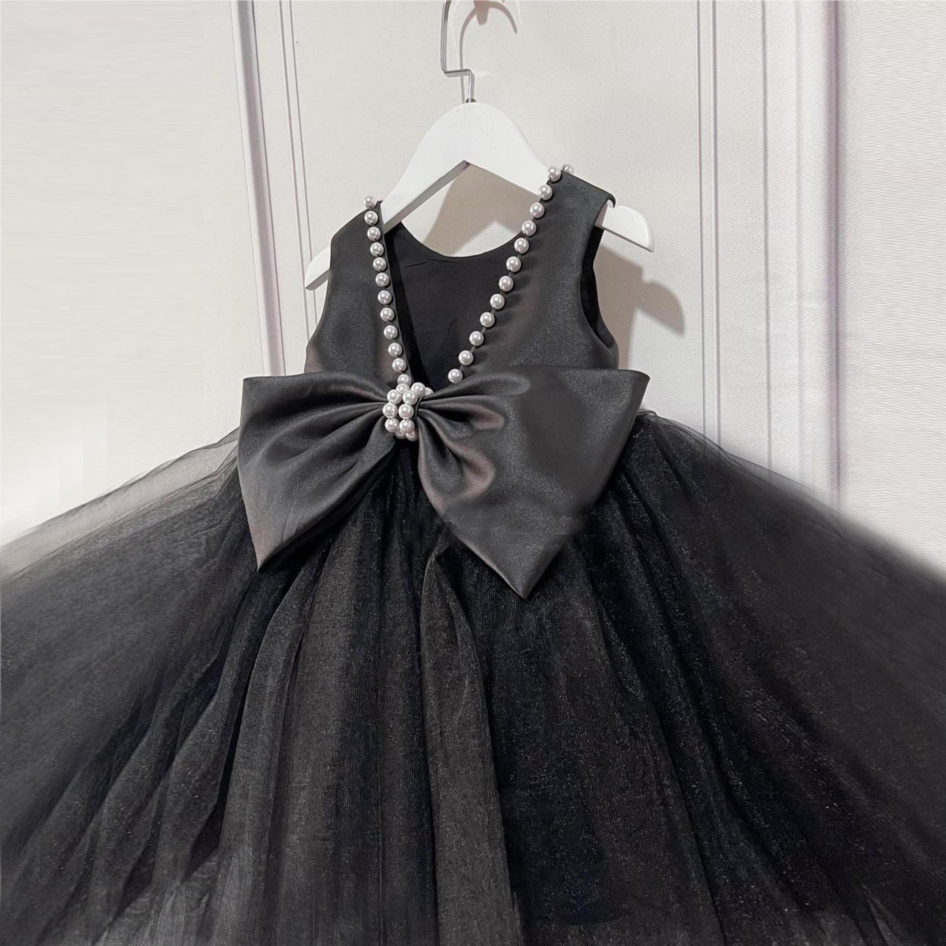 A-Line Beaded Bow Sleeveless Girls Party Dress – Black, Satin & Tulle | 12 Months-12 Years
