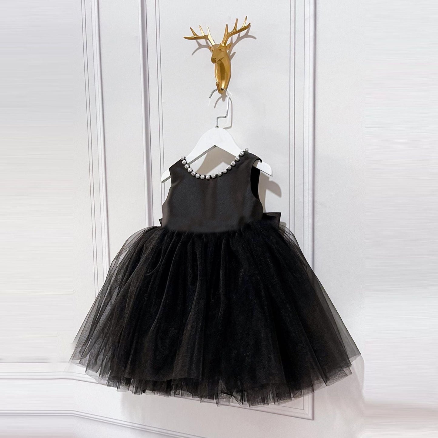 A-Line Beaded Bow Sleeveless Girls Party Dress – Black, Satin & Tulle | 12 Months-12 Years