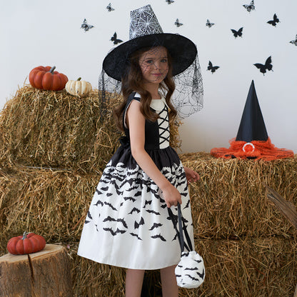 Girls Black A-Line Tea Length Collared Party Dress with Ruffles | Halloween & Birthday Outfit