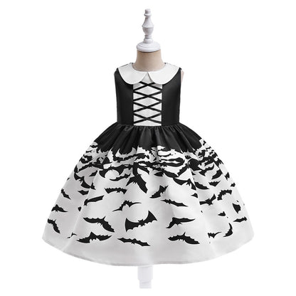 Girls Black A-Line Tea Length Collared Party Dress with Ruffles | Halloween & Birthday Outfit