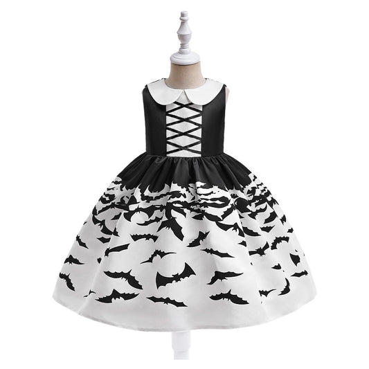 Girls Black A-Line Tea Length Collared Party Dress with Ruffles | Halloween & Birthday Outfit