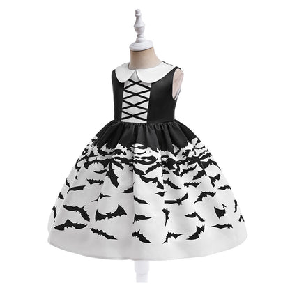 Girls Black A-Line Tea Length Collared Party Dress with Ruffles | Halloween & Birthday Outfit