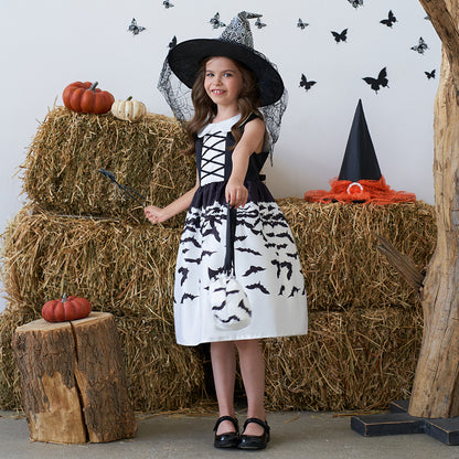Girls Black A-Line Tea Length Collared Party Dress with Ruffles | Halloween & Birthday Outfit