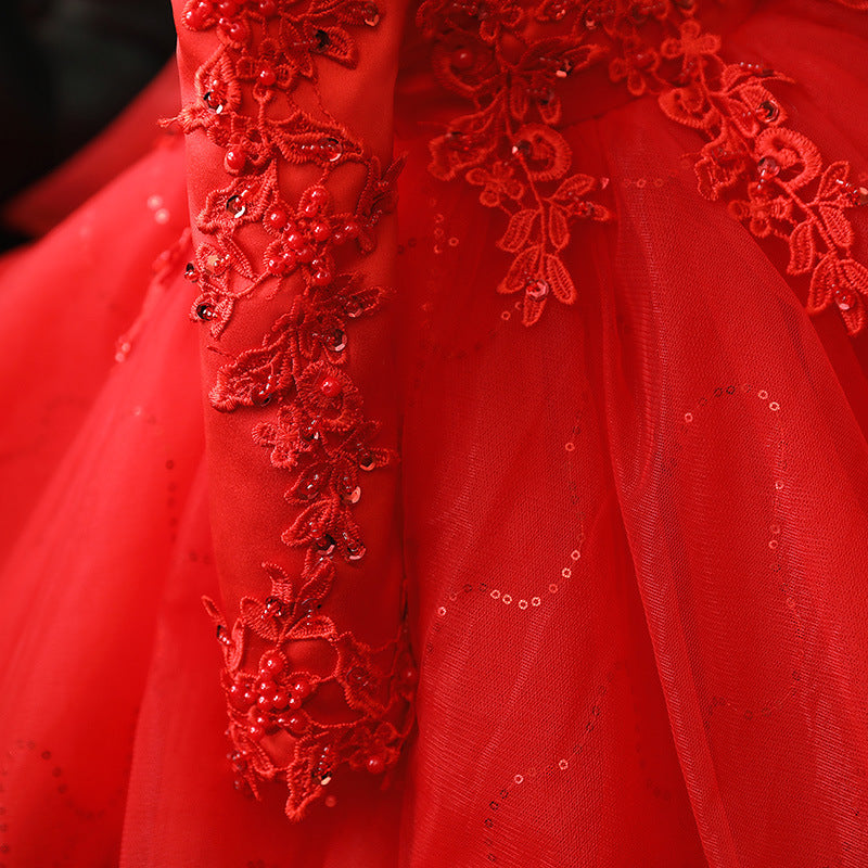 Girls Ball Gown Lace Sequined Party Dress – Knee Length, Long Sleeve