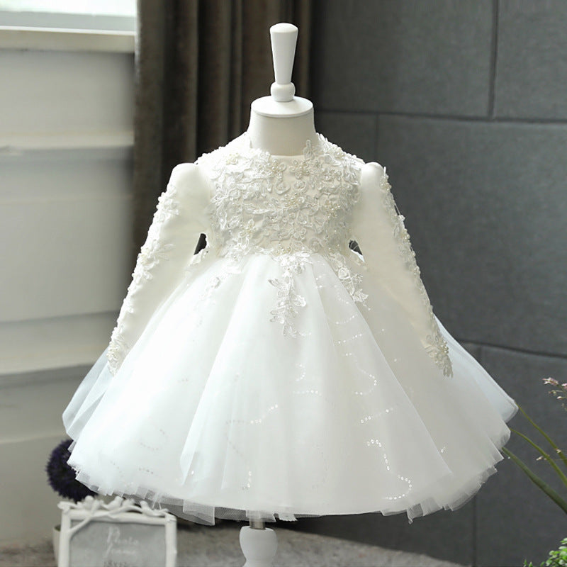 Girls Ball Gown Lace Sequined Party Dress – Knee Length, Long Sleeve
