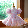 Girls Ball Gown Tulle Flower Dress with V-Neck and Short Sleeves - Pink