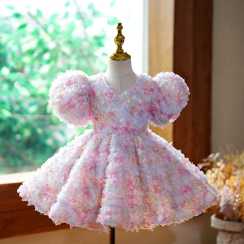 Pink Girls Ball Gown Knee-Length Tulle Dress with Fabric Flowers | Special Occasion Princess Dress