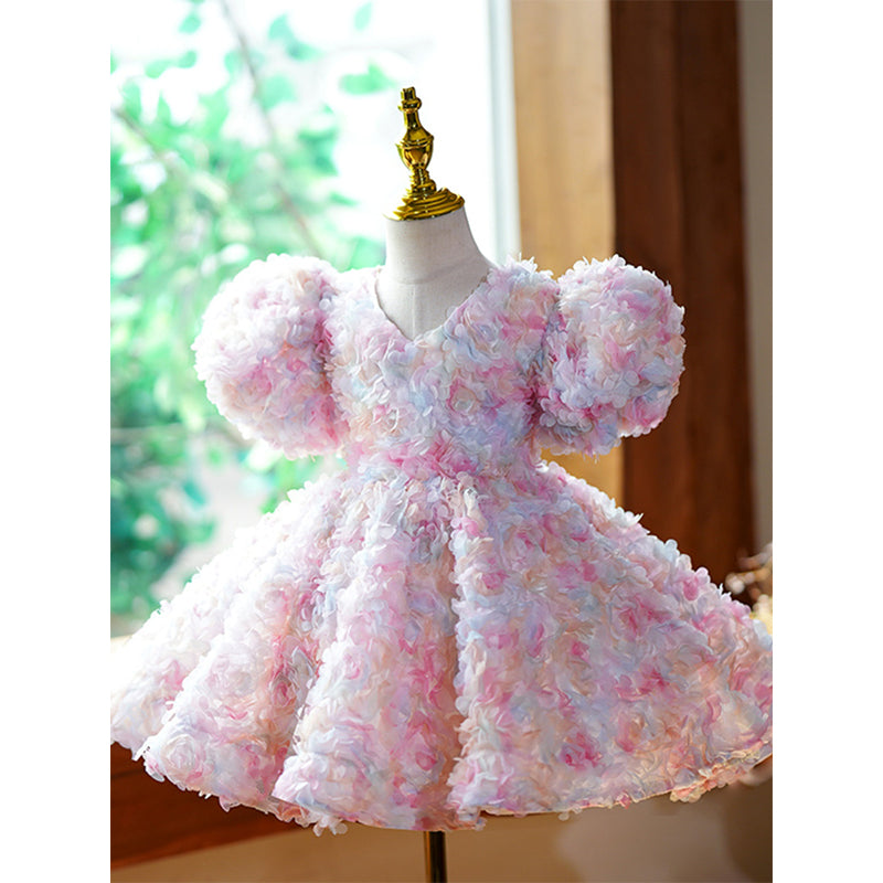 Pink Girls Ball Gown Knee-Length Tulle Dress with Fabric Flowers | Special Occasion Princess Dress
