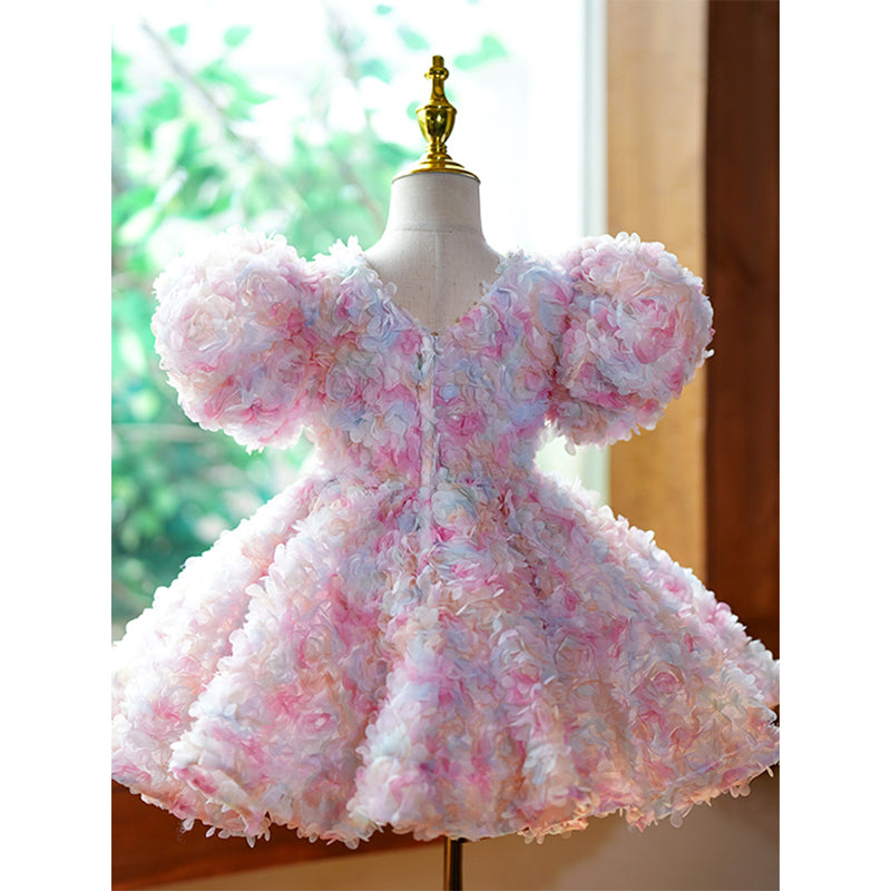 Pink Girls Ball Gown Knee-Length Tulle Dress with Fabric Flowers | Special Occasion Princess Dress