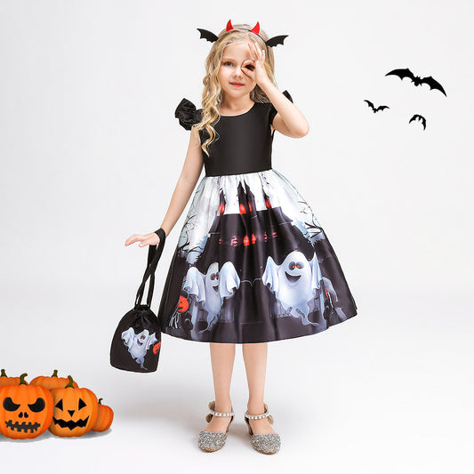 Girls Tea Length Black Ghost Print Ruffle Dress – Halloween Party Outfit with Purse