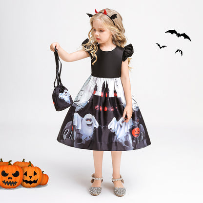 Girls Tea Length Black Ghost Print Ruffle Dress – Halloween Party Outfit with Purse