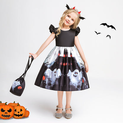 Girls Tea Length Black Ghost Print Ruffle Dress – Halloween Party Outfit with Purse