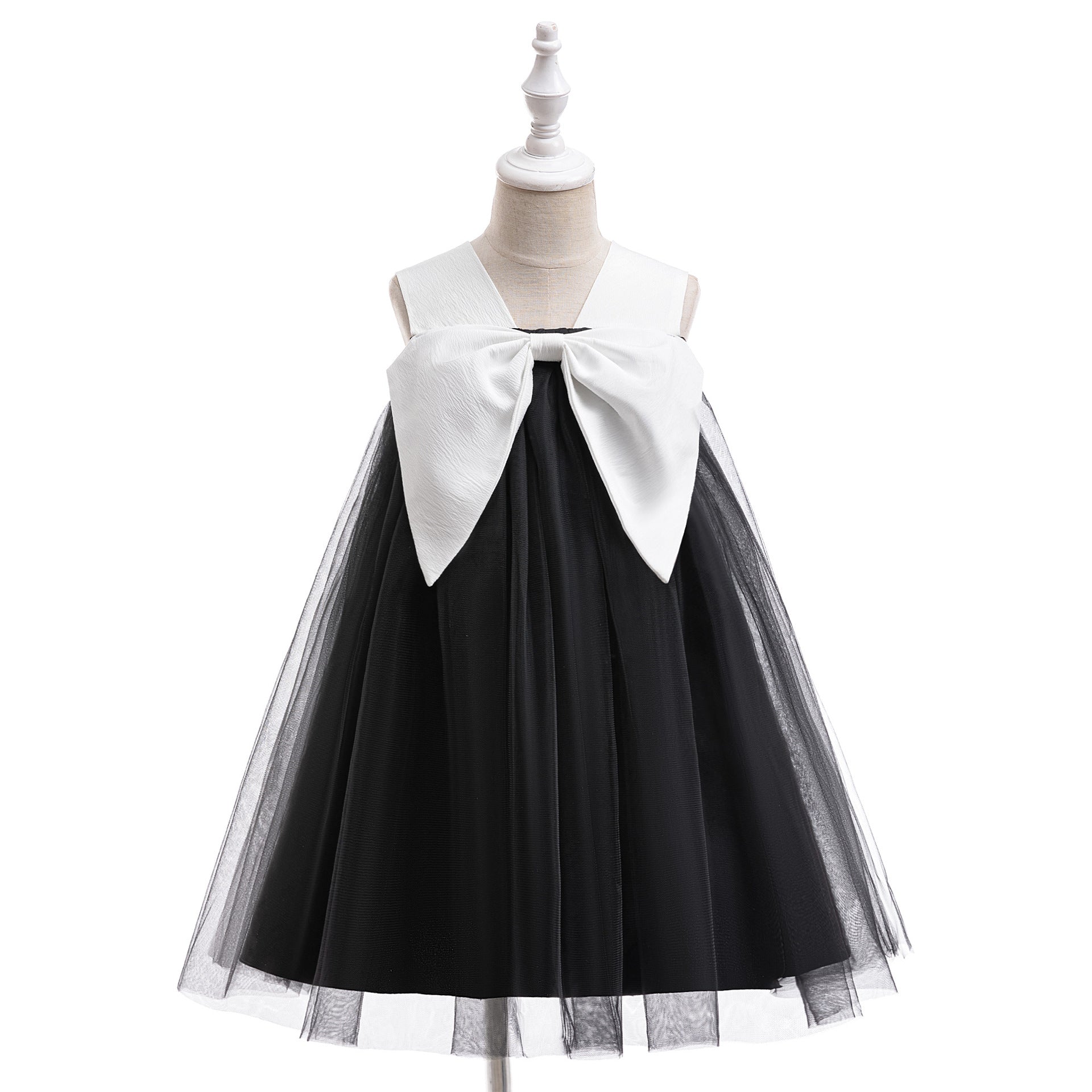 Girls' Black Tulle A-Line Bow Dress – Tea Length for Parties & Halloween