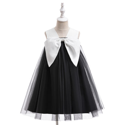 Girls' Black Tulle A-Line Bow Dress – Tea Length for Parties & Halloween