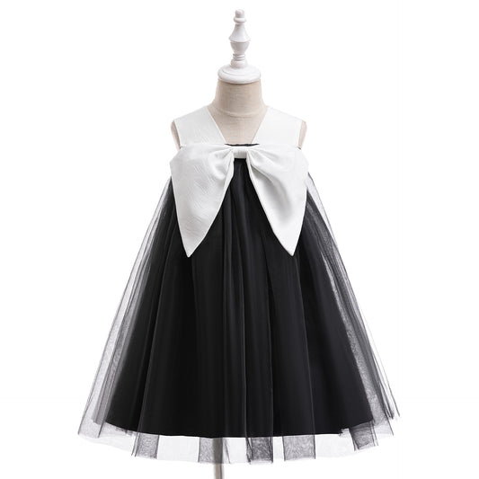 Girls' Black Tulle A-Line Bow Dress – Tea Length for Parties & Halloween