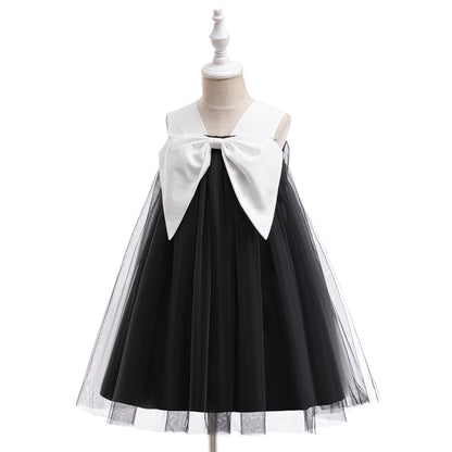 Girls' Black Tulle A-Line Bow Dress – Tea Length for Parties & Halloween