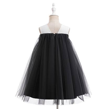 Girls' Black Tulle A-Line Bow Dress – Tea Length for Parties & Halloween