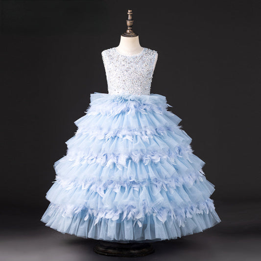Girls Blue Sequin Tiered Tulle Dress – Princess Birthday & Party Gown