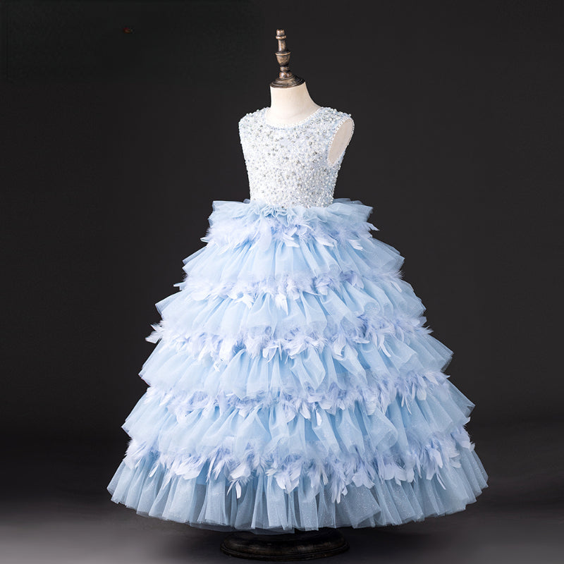 Girls Blue Sequin Tiered Tulle Dress – Princess Birthday & Party Gown