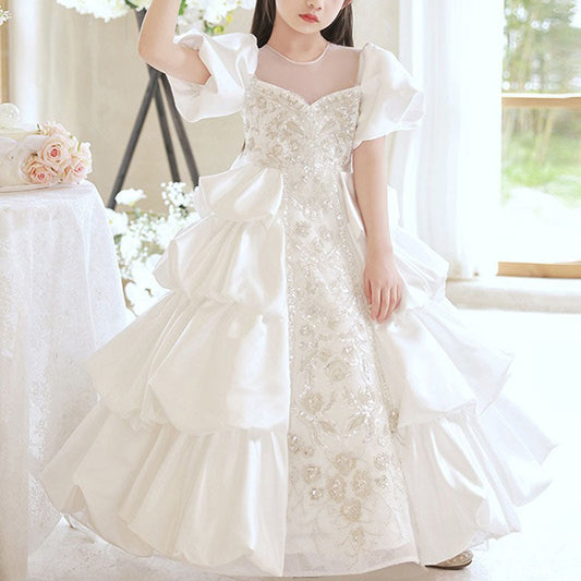 Floor Length White Princess Dress for Girls | Illusion Neckline & Sequins | Special Occasion