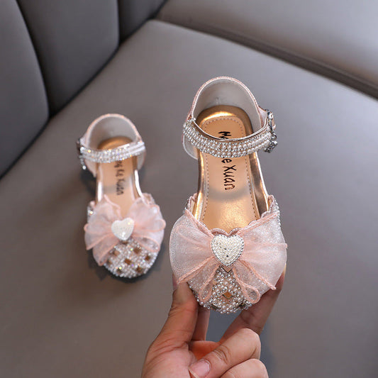 Girls' Closed-Toe Glitter Dress Sandals with Bow, Pearls & Block Heel