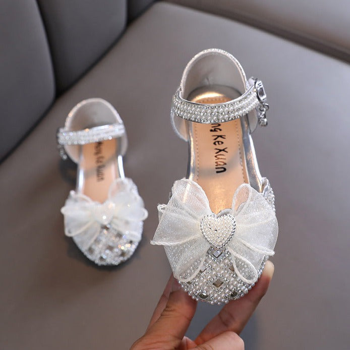 Girls' Closed-Toe Glitter Dress Sandals with Bow, Pearls & Block Heel