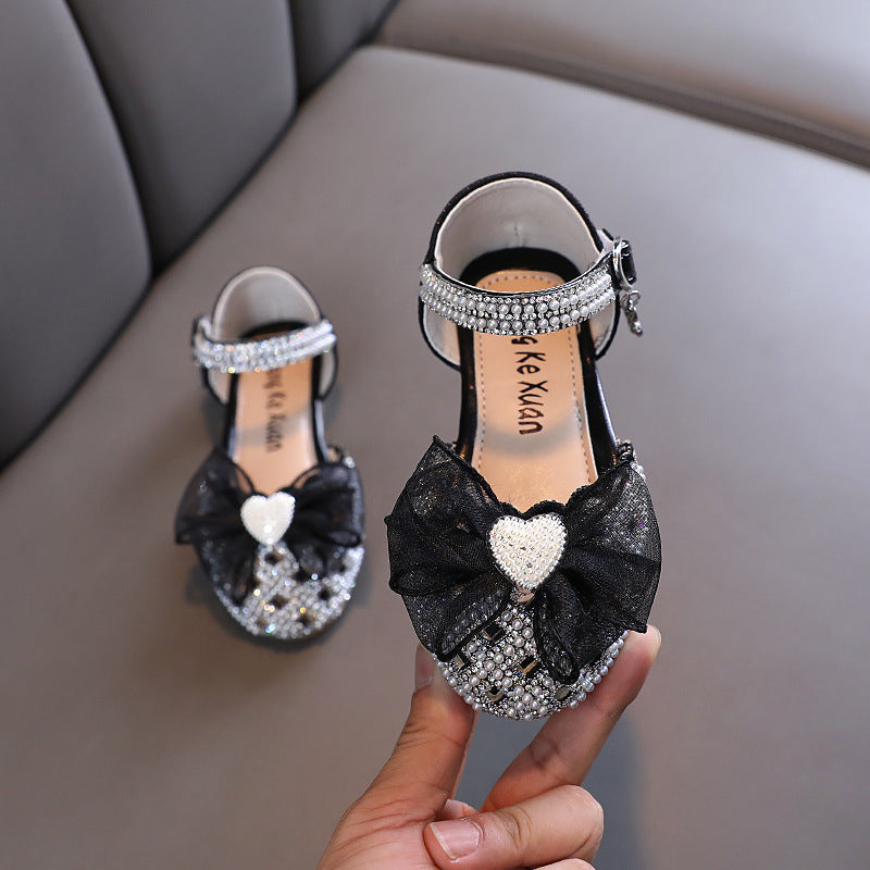 Girls' Closed-Toe Glitter Dress Sandals with Bow, Pearls & Block Heel