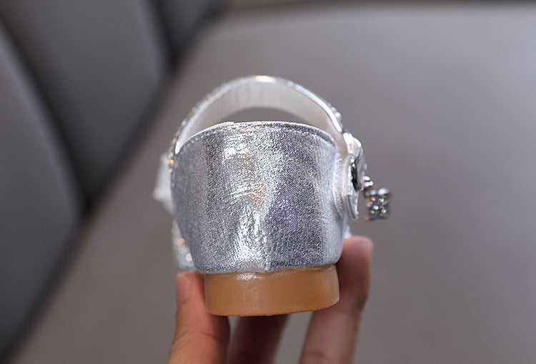 Girls' Closed-Toe Glitter Dress Sandals with Bow, Pearls & Block Heel