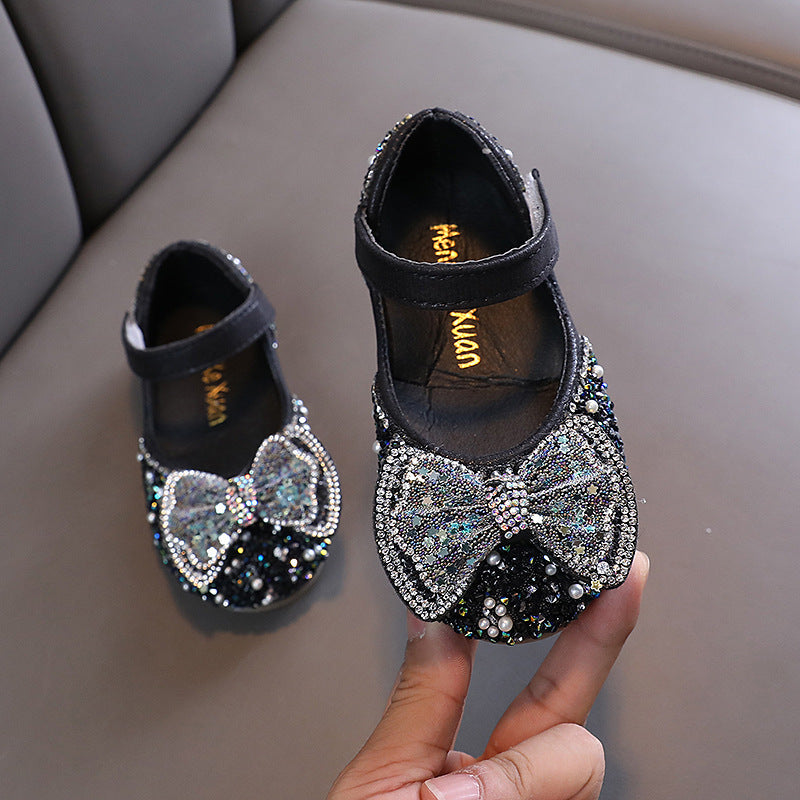 Girls' Glitter Block Heel Party Shoes with Pearls, Rhinestones & Butterfly Knot