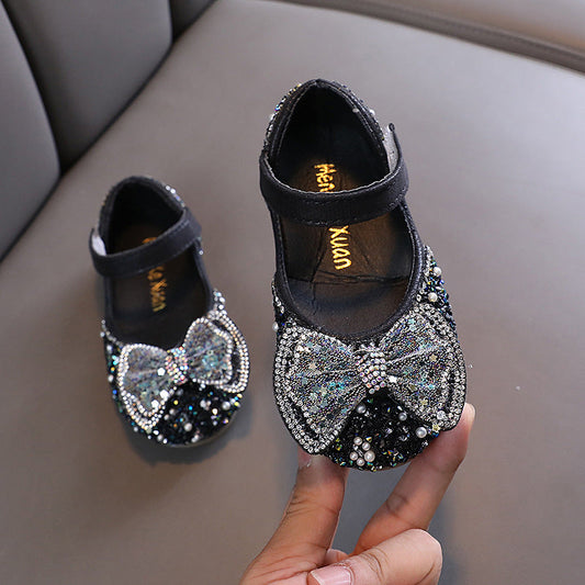Girls' Glitter Block Heel Party Shoes with Pearls, Rhinestones & Butterfly Knot