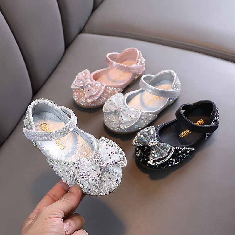 Girls' Glitter Block Heel Party Shoes with Pearls, Rhinestones & Butterfly Knot