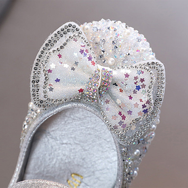 Girls' Glitter Block Heel Party Shoes with Pearls, Rhinestones & Butterfly Knot