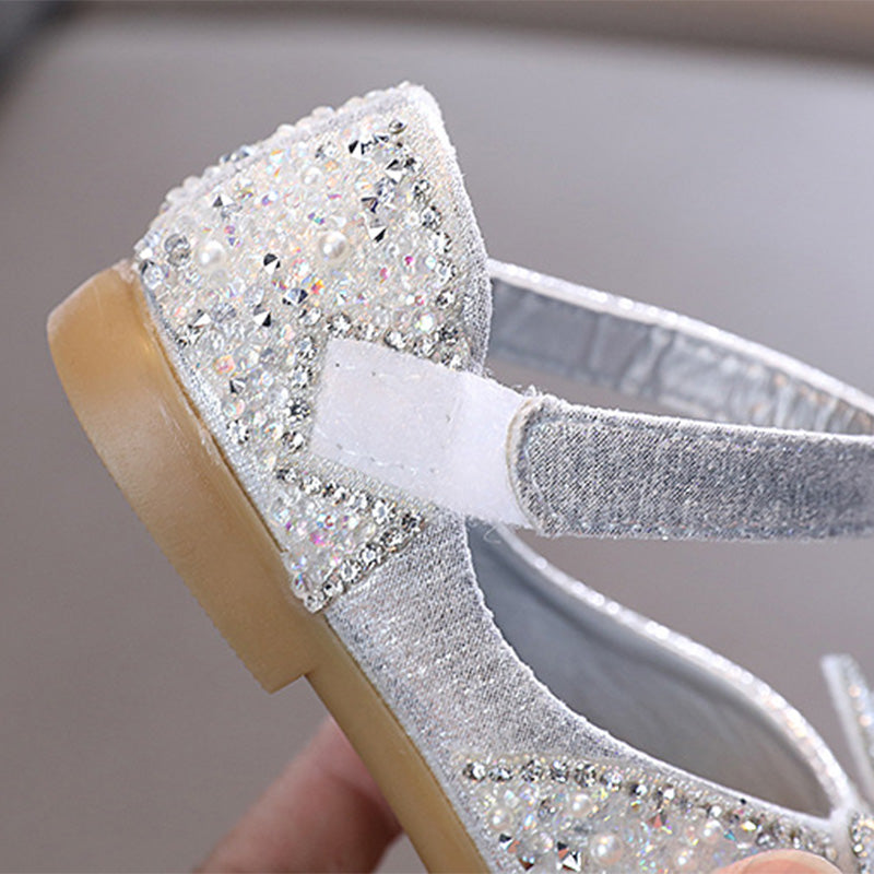 Girls' Glitter Block Heel Party Shoes with Pearls, Rhinestones & Butterfly Knot