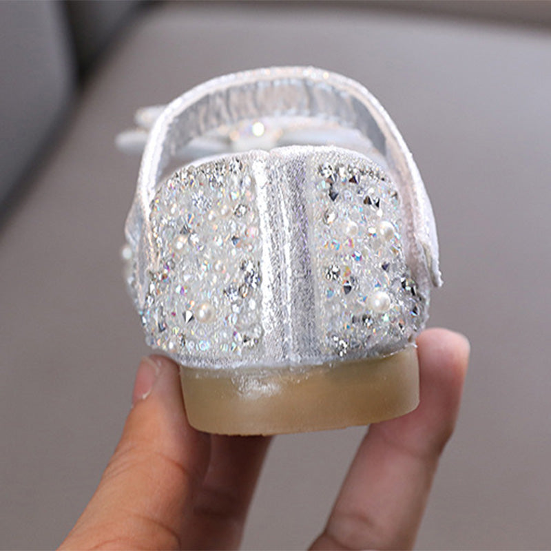 Girls' Glitter Block Heel Party Shoes with Pearls, Rhinestones & Butterfly Knot