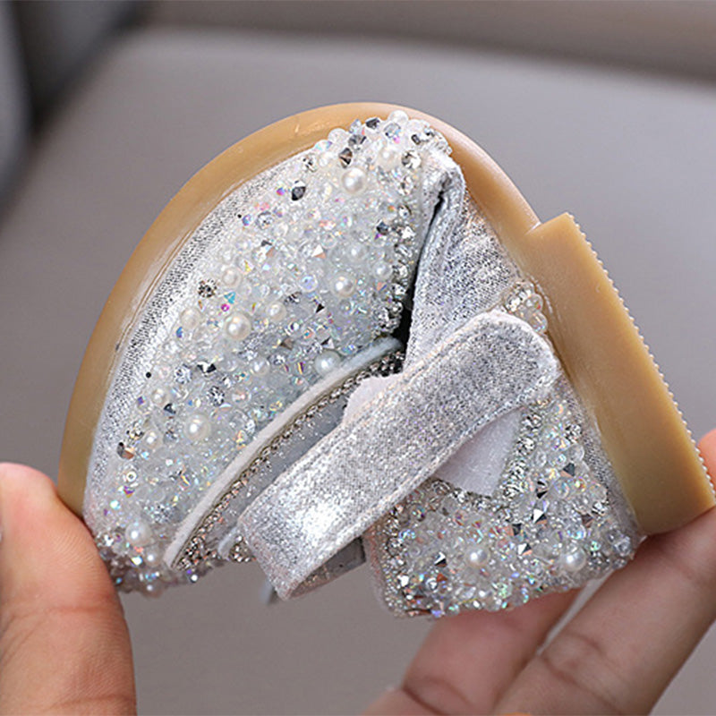 Girls' Glitter Block Heel Party Shoes with Pearls, Rhinestones & Butterfly Knot