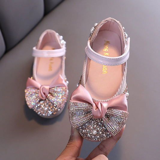 Girls' Glitter Closed-Toe Dress Shoes with Bow and Rhinestones - Party & Flower Girl