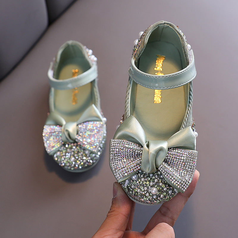 Girls' Glitter Closed-Toe Dress Shoes with Bow and Rhinestones - Party & Flower Girl