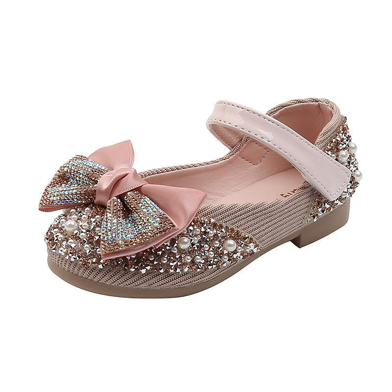Girls' Glitter Closed-Toe Dress Shoes with Bow and Rhinestones - Party & Flower Girl