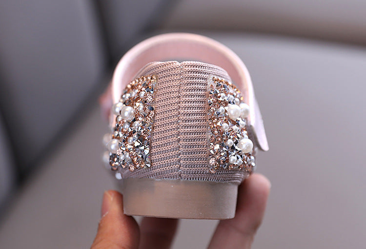 Girls' Glitter Closed-Toe Dress Shoes with Bow and Rhinestones - Party & Flower Girl