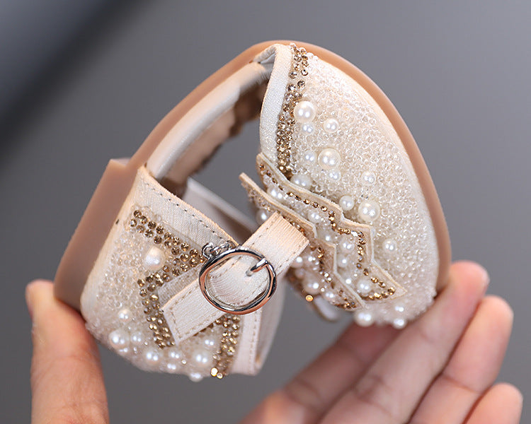 Girls' Closed-Toe Glitter Dress Sandals with Pearls & Rhinestones - Special Occasion Party Shoes