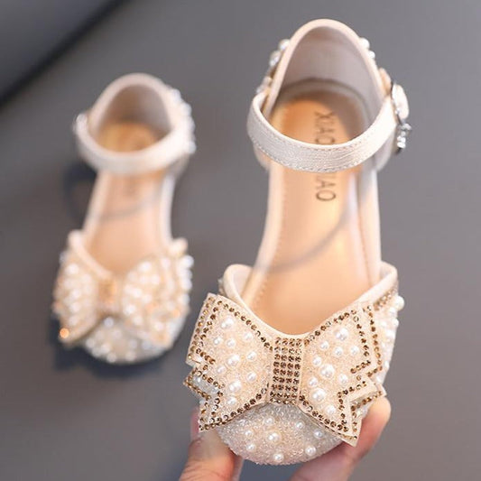 Girls' Closed-Toe Glitter Dress Sandals with Pearls & Rhinestones - Special Occasion Party Shoes